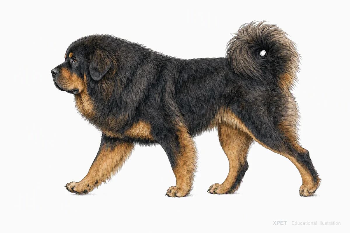 Original XPET engraving and watercolor illustration of Tibetan Mastiff: a natural movement study.