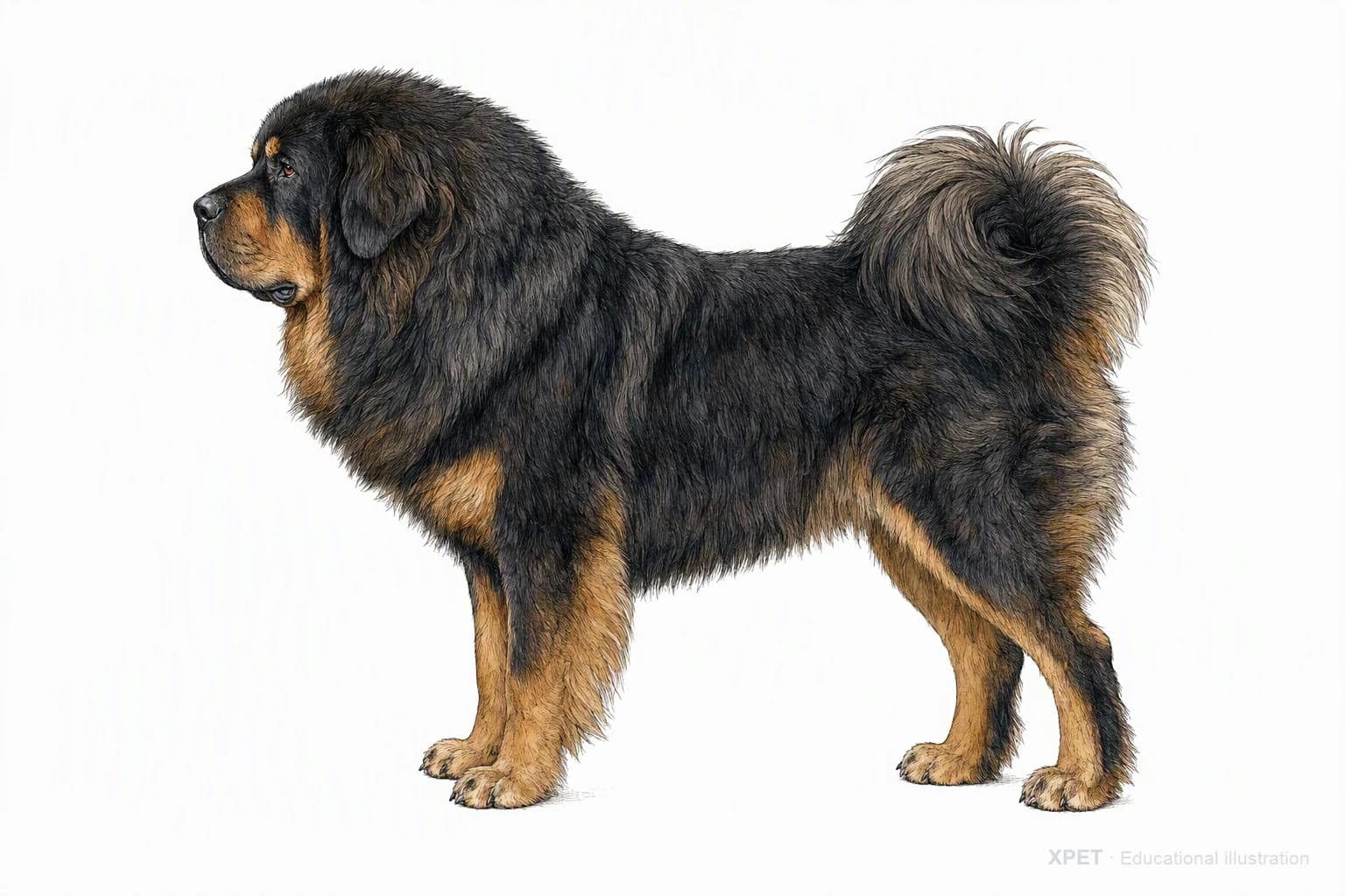 Original XPET engraving and watercolor illustration of Tibetan Mastiff: an adult in left-facing profile.
