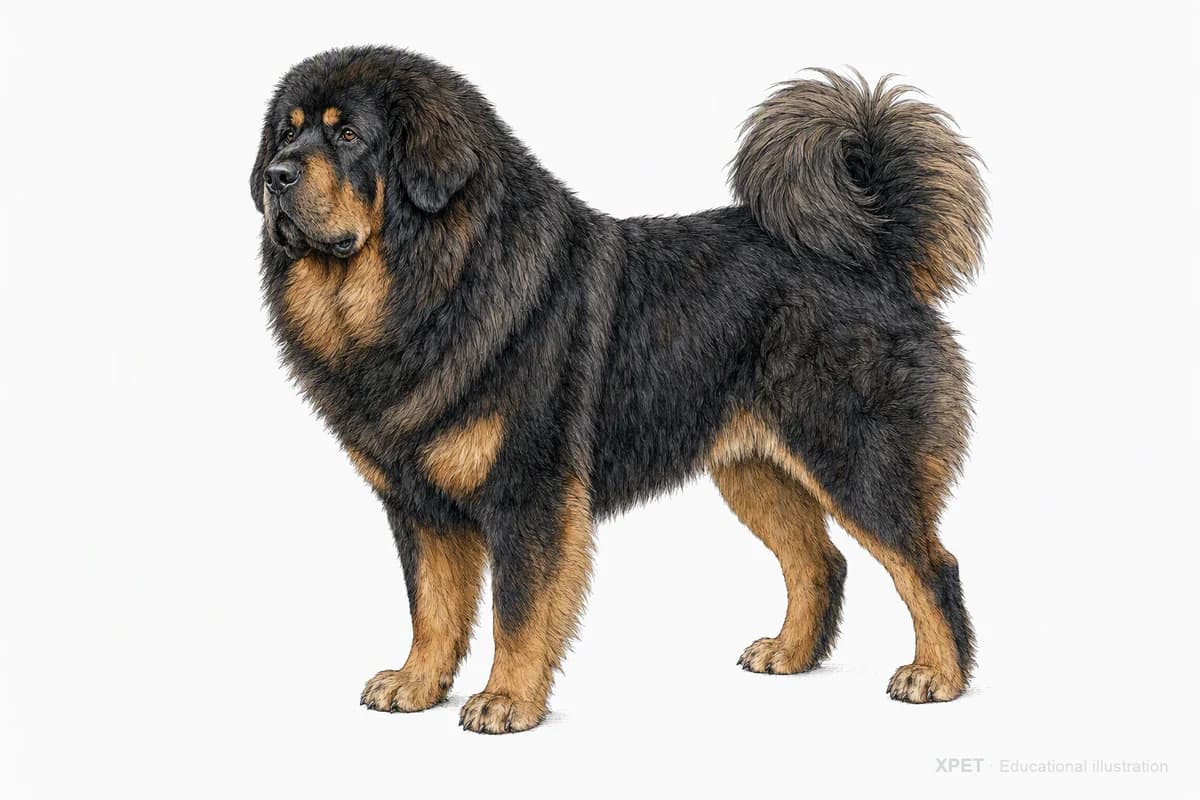 Original XPET engraving and watercolor illustration of Tibetan Mastiff: a complete three-quarter standing view.