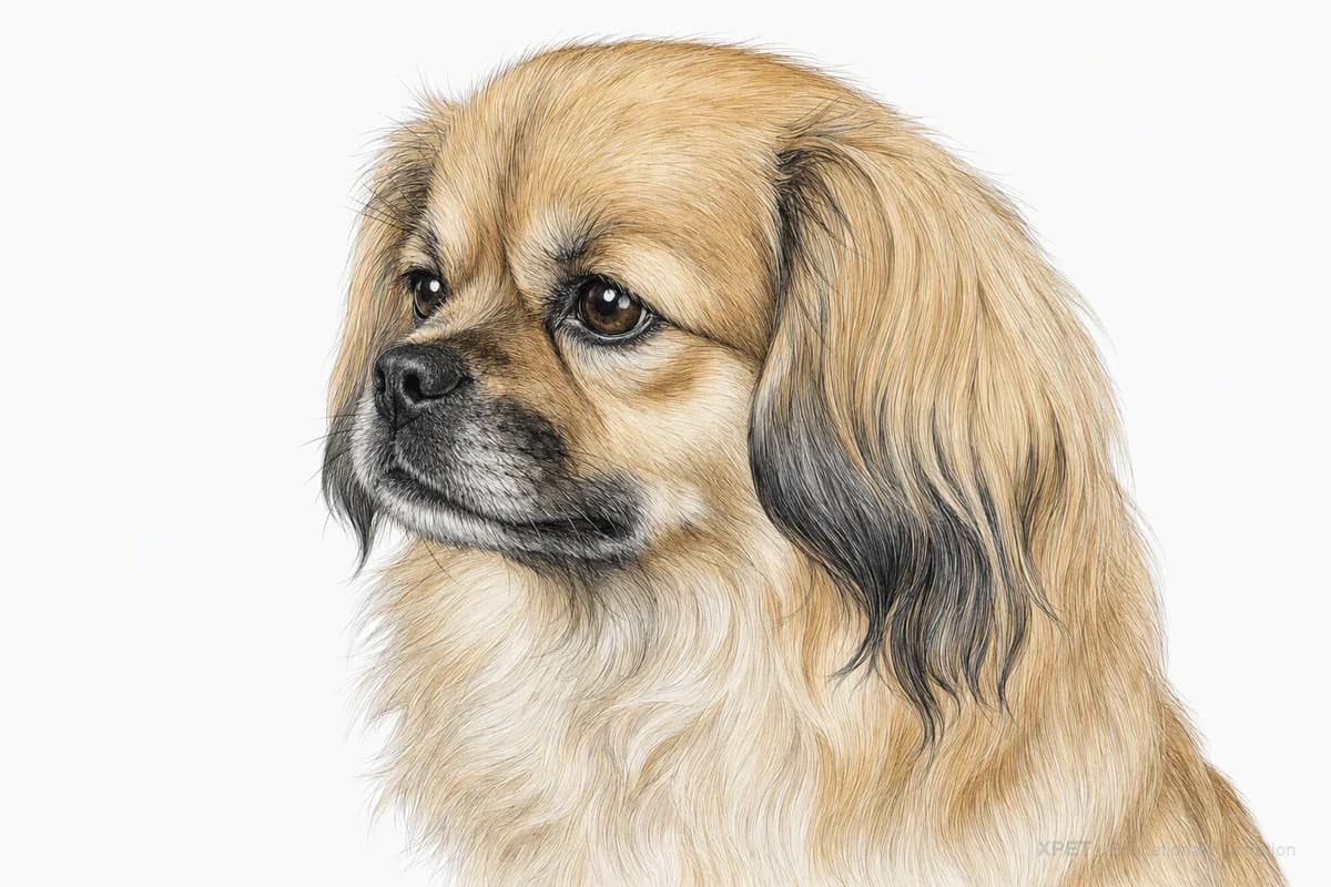 Original XPET engraving and watercolor illustration of Tibetan Spaniel: a head and coat detail study.
