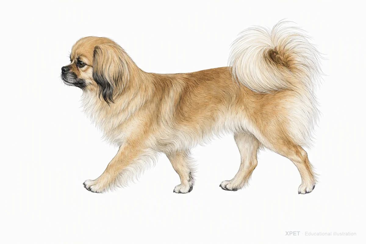 Original XPET engraving and watercolor illustration of Tibetan Spaniel: a natural movement study.