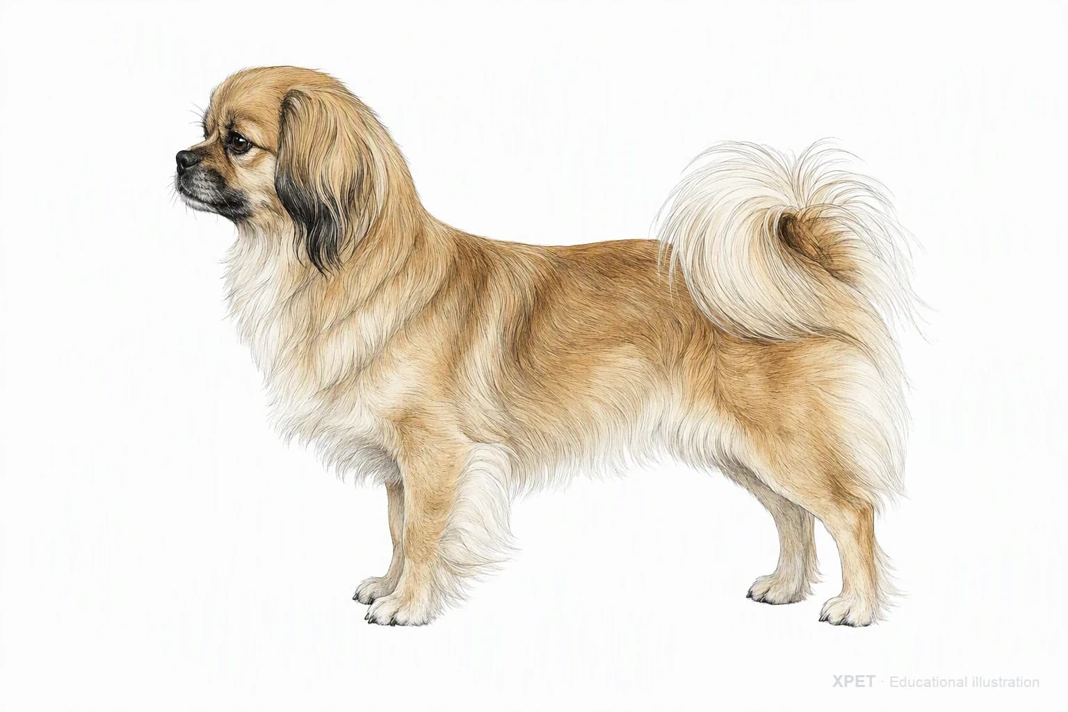 Original XPET engraving and watercolor illustration of Tibetan Spaniel: an adult in left-facing profile.