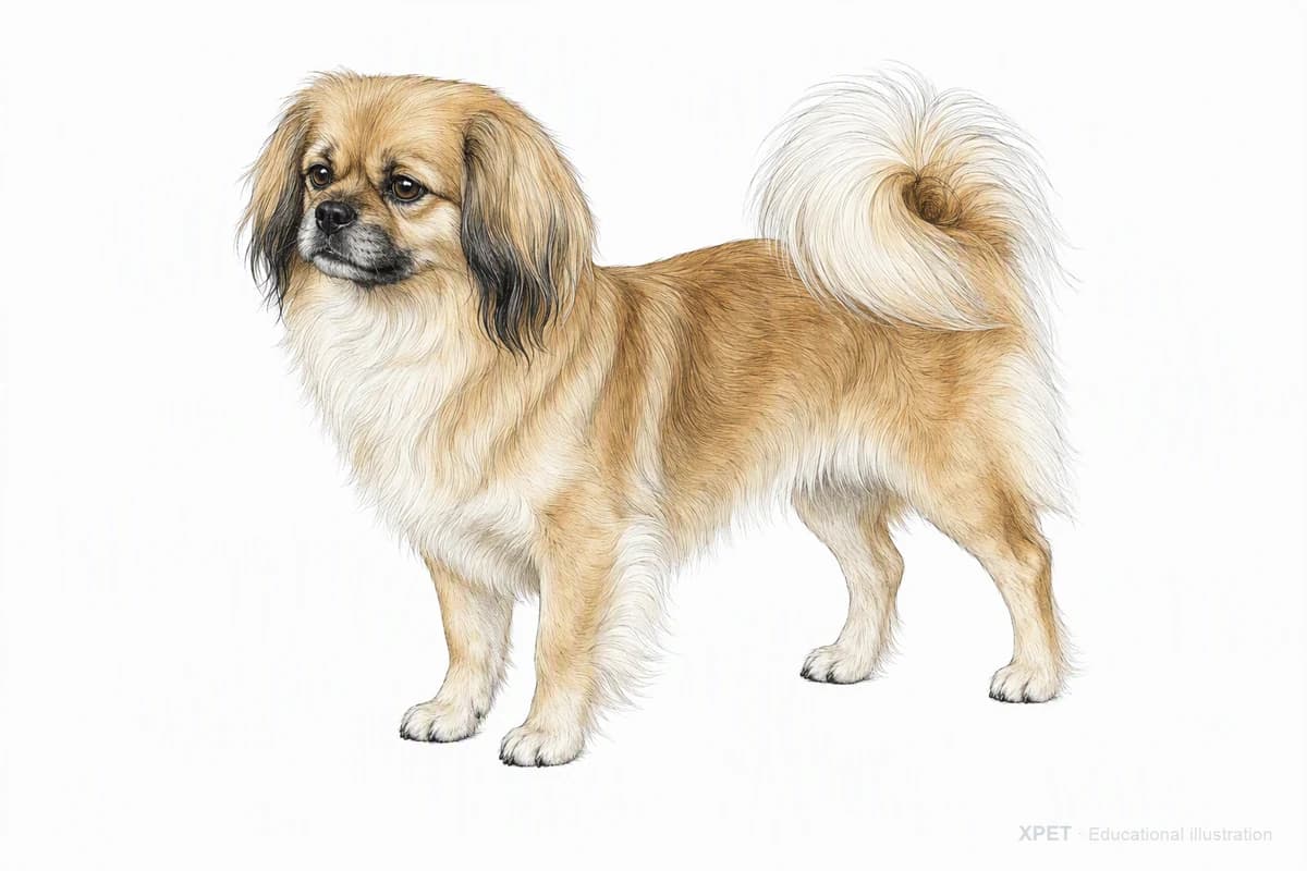 Original XPET engraving and watercolor illustration of Tibetan Spaniel: a complete three-quarter standing view.