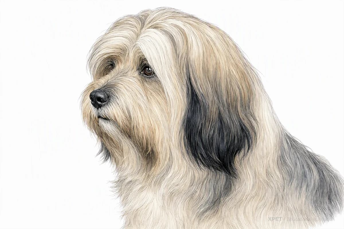 Original XPET engraving and watercolor illustration of Tibetan Terrier: a head and coat detail study.