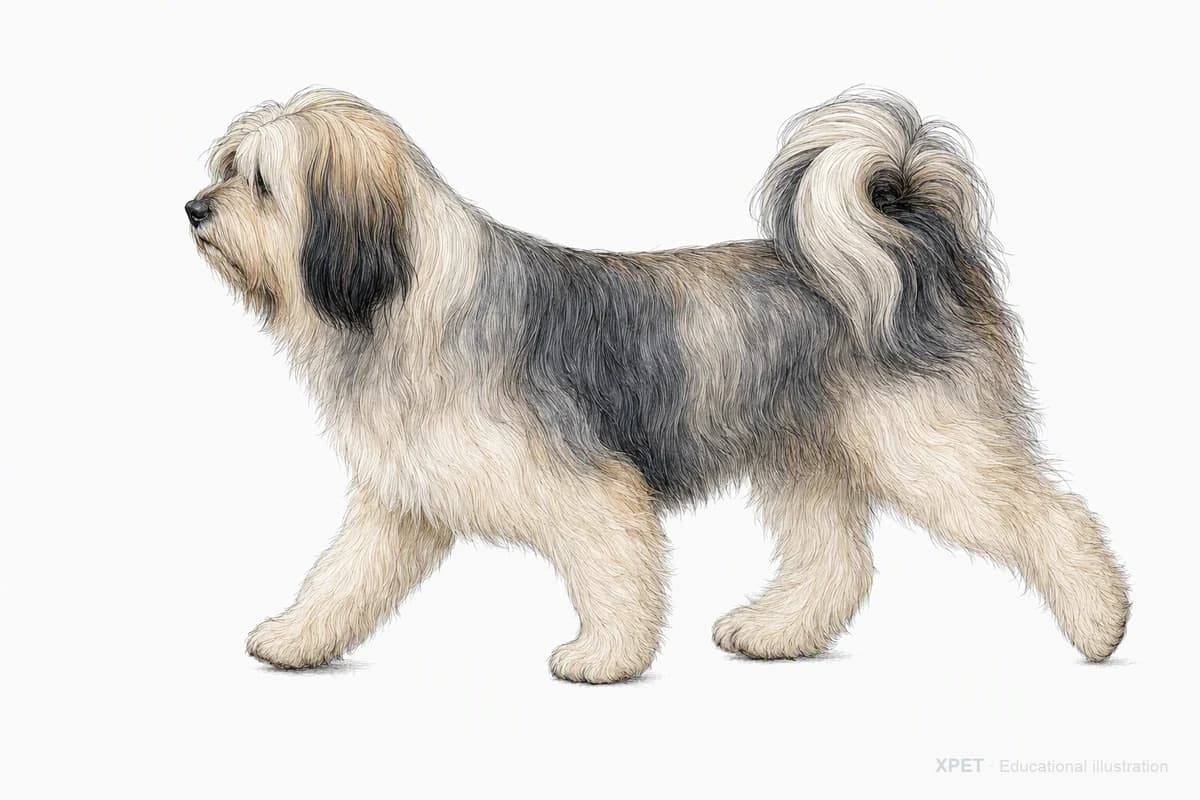 Original XPET engraving and watercolor illustration of Tibetan Terrier: a natural movement study.