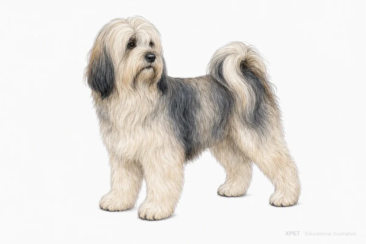 Original XPET engraving and watercolor illustration of Tibetan Terrier: a complete three-quarter standing view.