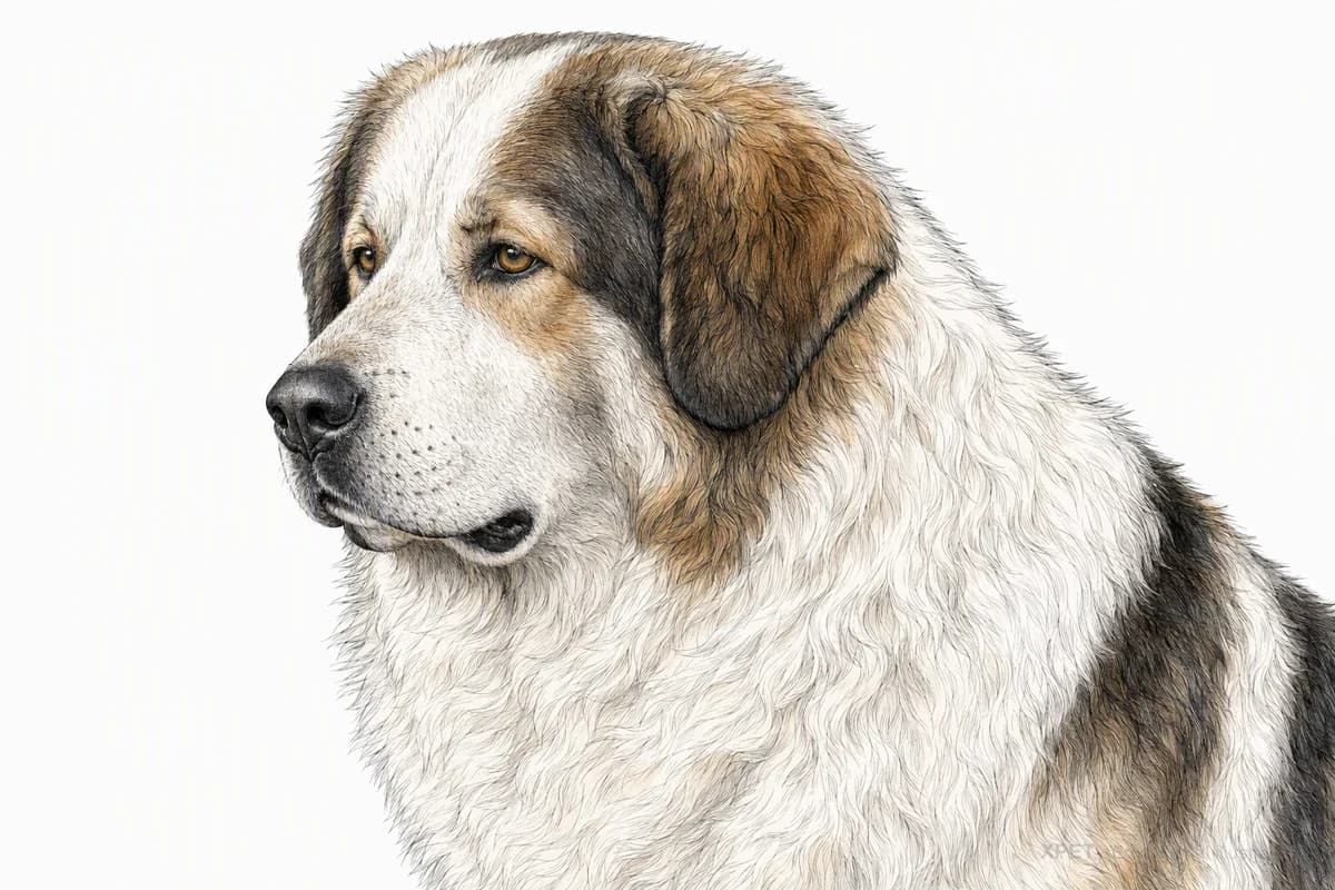 Original XPET engraving and watercolor illustration of Tornjak: a head and coat detail study.
