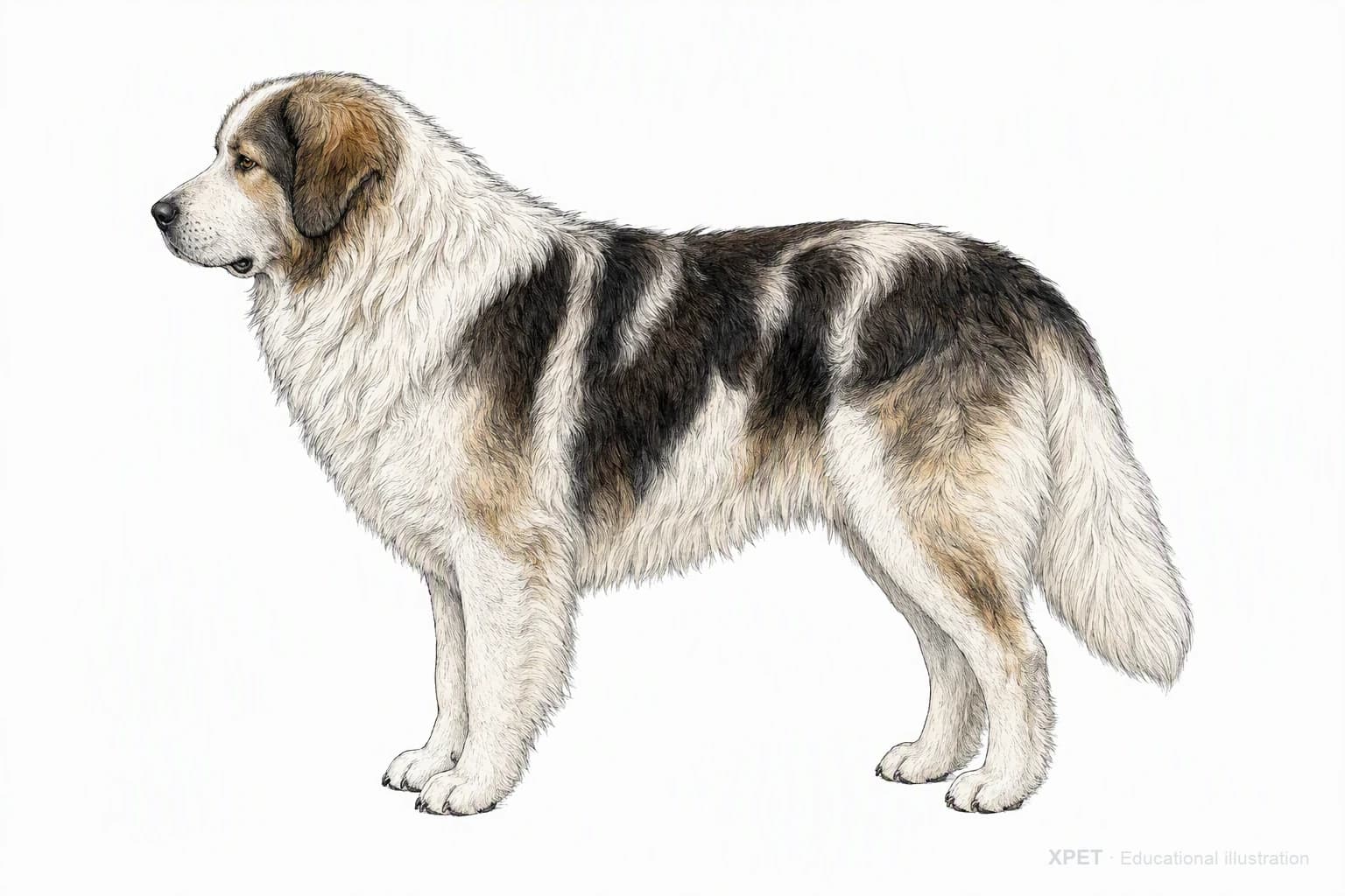 Original XPET engraving and watercolor illustration of Tornjak: an adult in left-facing profile.