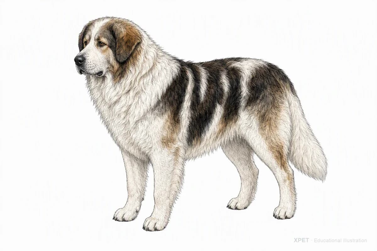 Original XPET engraving and watercolor illustration of Tornjak: a complete three-quarter standing view.