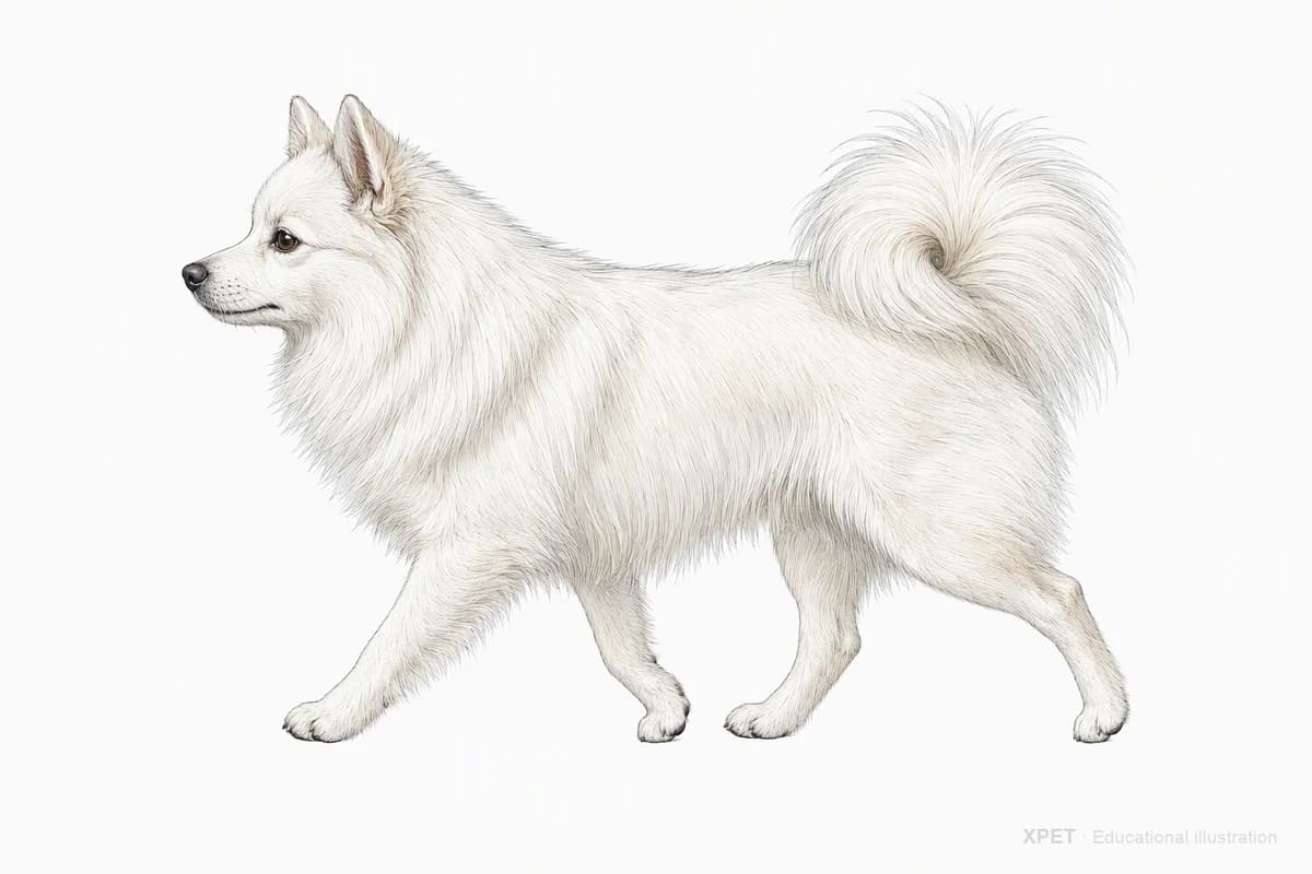 Original XPET engraving and watercolor illustration of Volpino Italiano: a natural movement study.