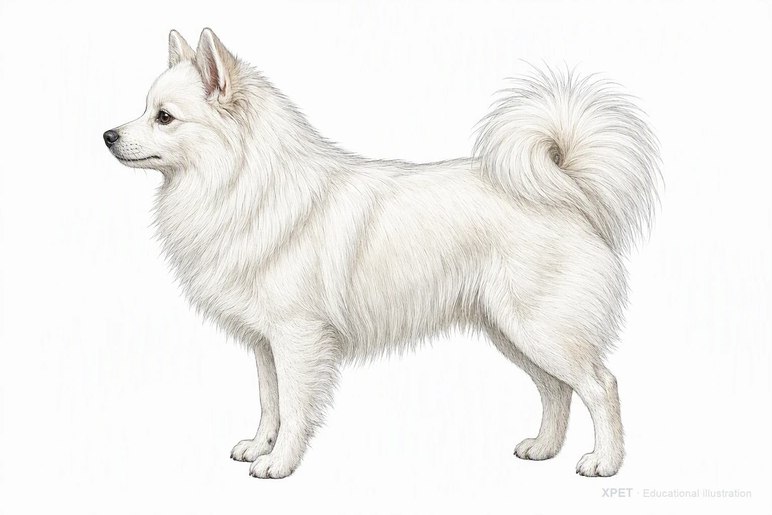 Original XPET engraving and watercolor illustration of Volpino Italiano: an adult in left-facing profile.