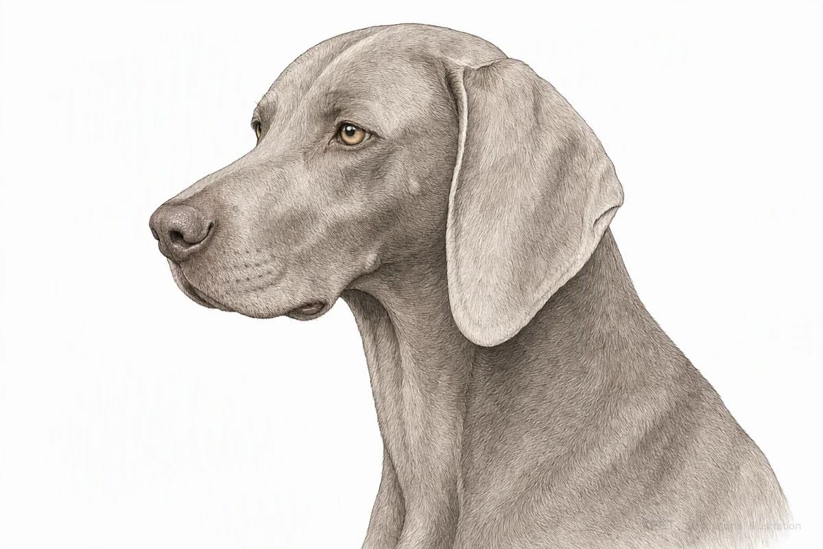 Original XPET engraving and watercolor illustration of Weimaraner: a head and coat detail study.