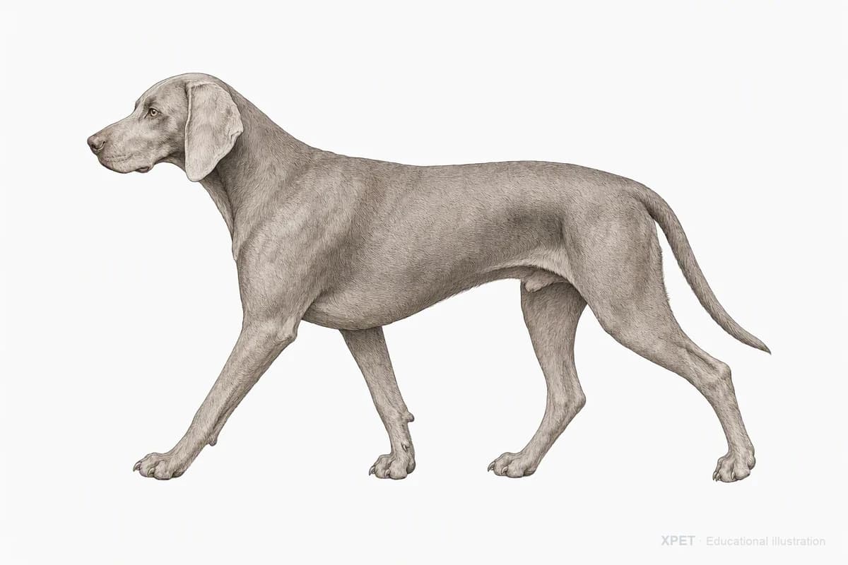 Original XPET engraving and watercolor illustration of Weimaraner: a natural movement study.