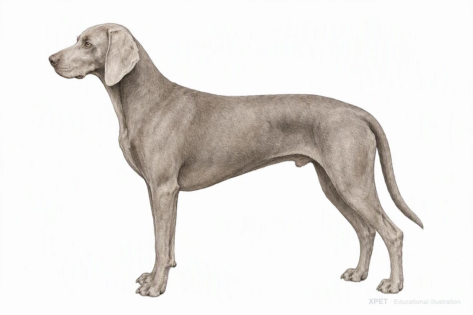 Original XPET engraving and watercolor illustration of Weimaraner: an adult in left-facing profile.