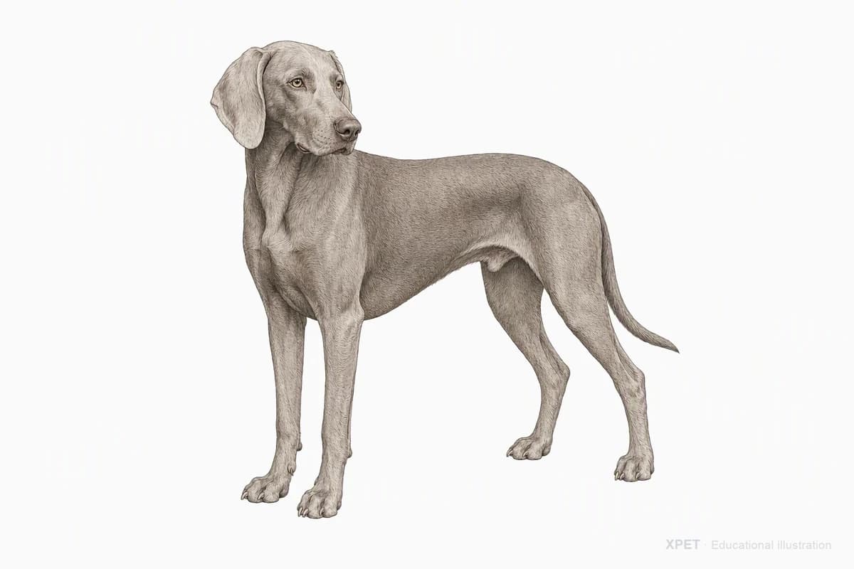 Original XPET engraving and watercolor illustration of Weimaraner: a complete three-quarter standing view.
