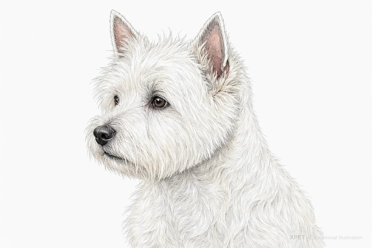 Original XPET engraving and watercolor illustration of West Highland White Terrier: a head and coat detail study.