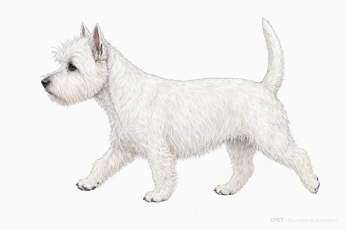 Original XPET engraving and watercolor illustration of West Highland White Terrier: a natural movement study.