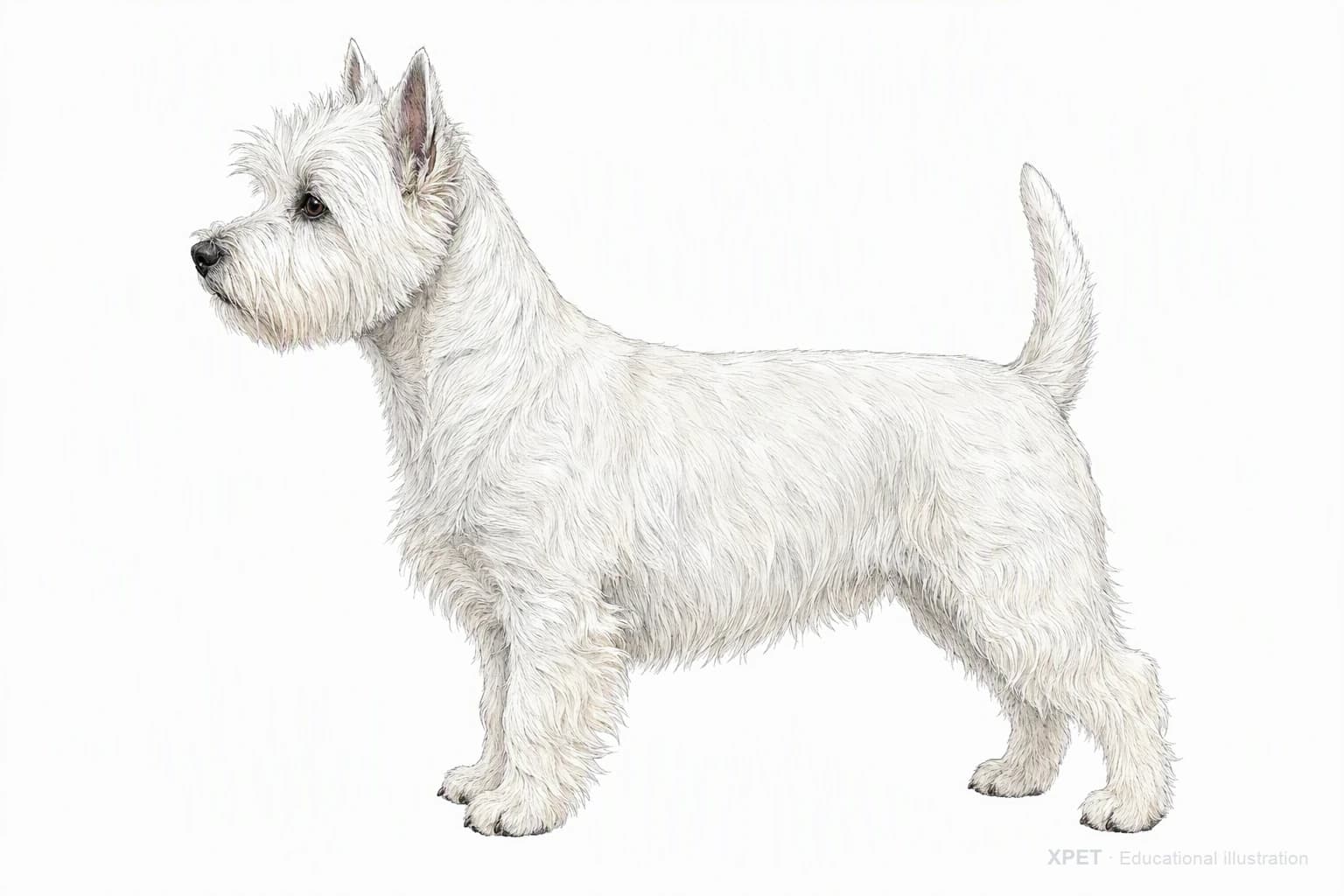 Original XPET engraving and watercolor illustration of West Highland White Terrier: an adult in left-facing profile.