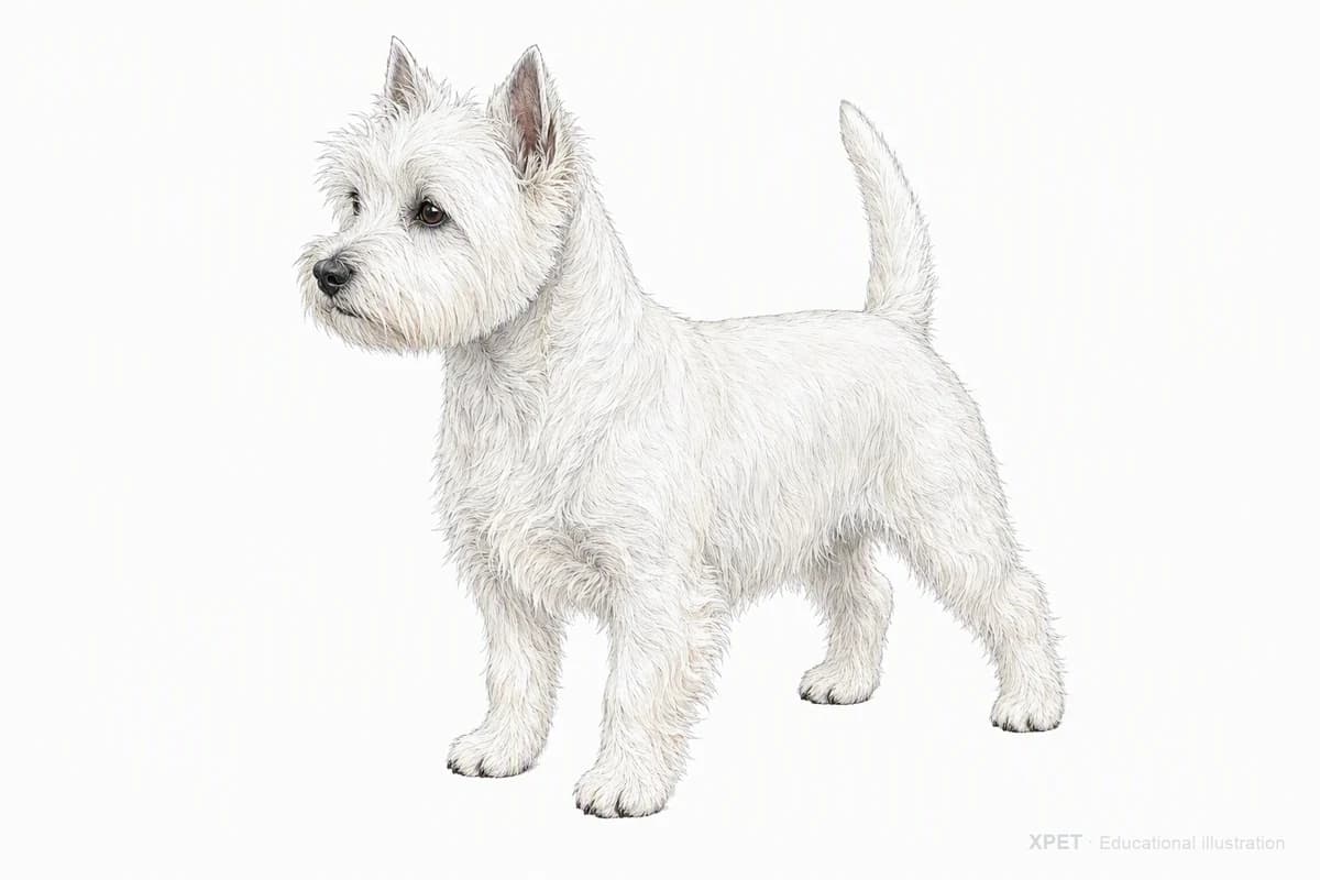 Original XPET engraving and watercolor illustration of West Highland White Terrier: a complete three-quarter standing view.