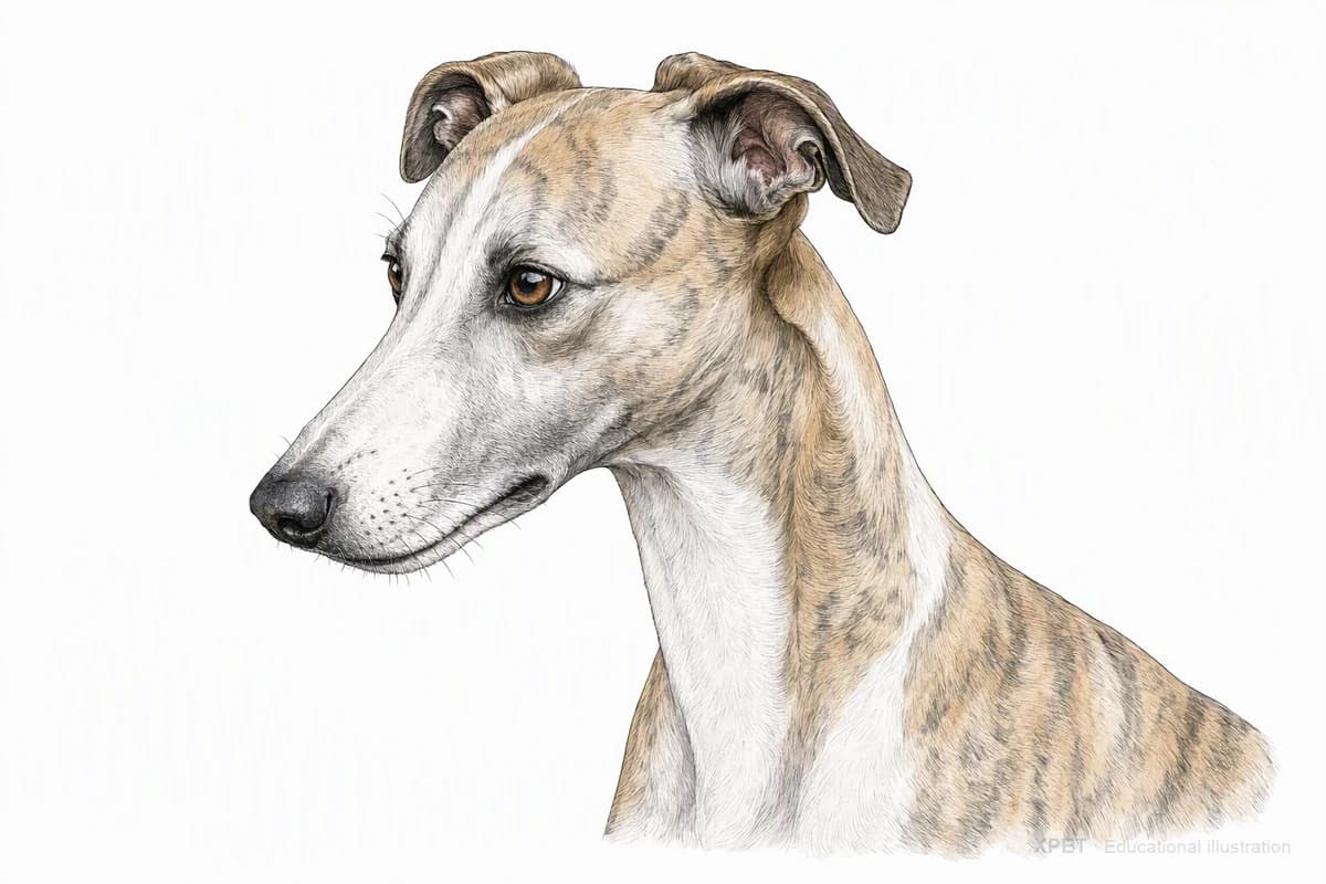 Original XPET engraving and watercolor illustration of Whippet: a head and coat detail study.