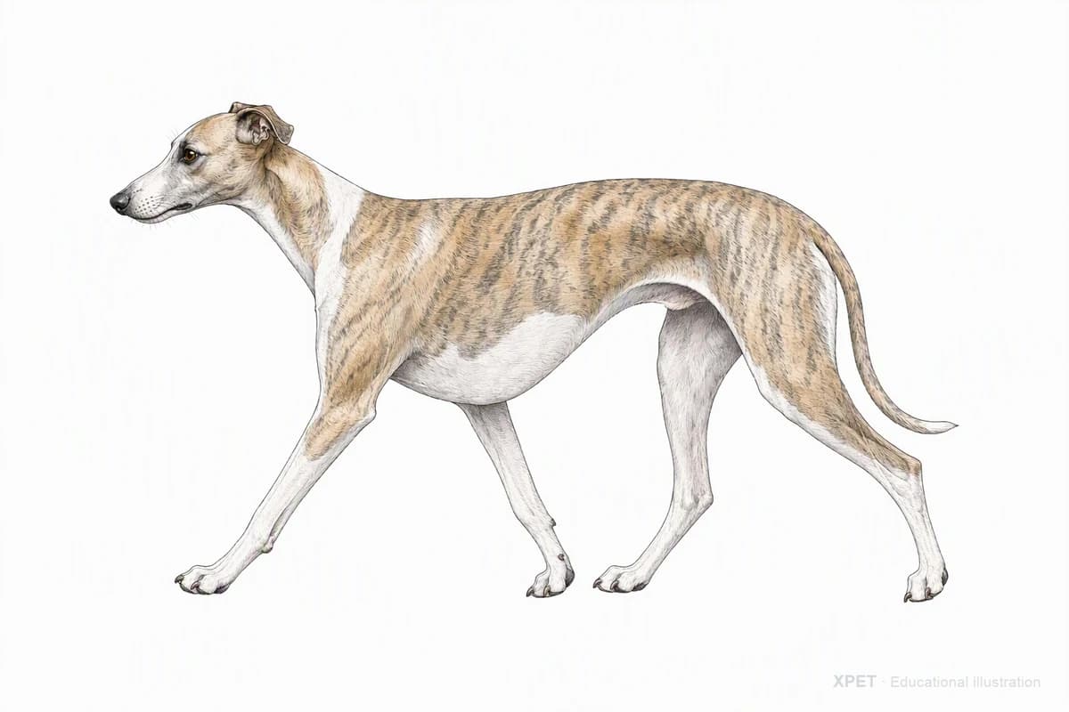 Original XPET engraving and watercolor illustration of Whippet: a natural movement study.