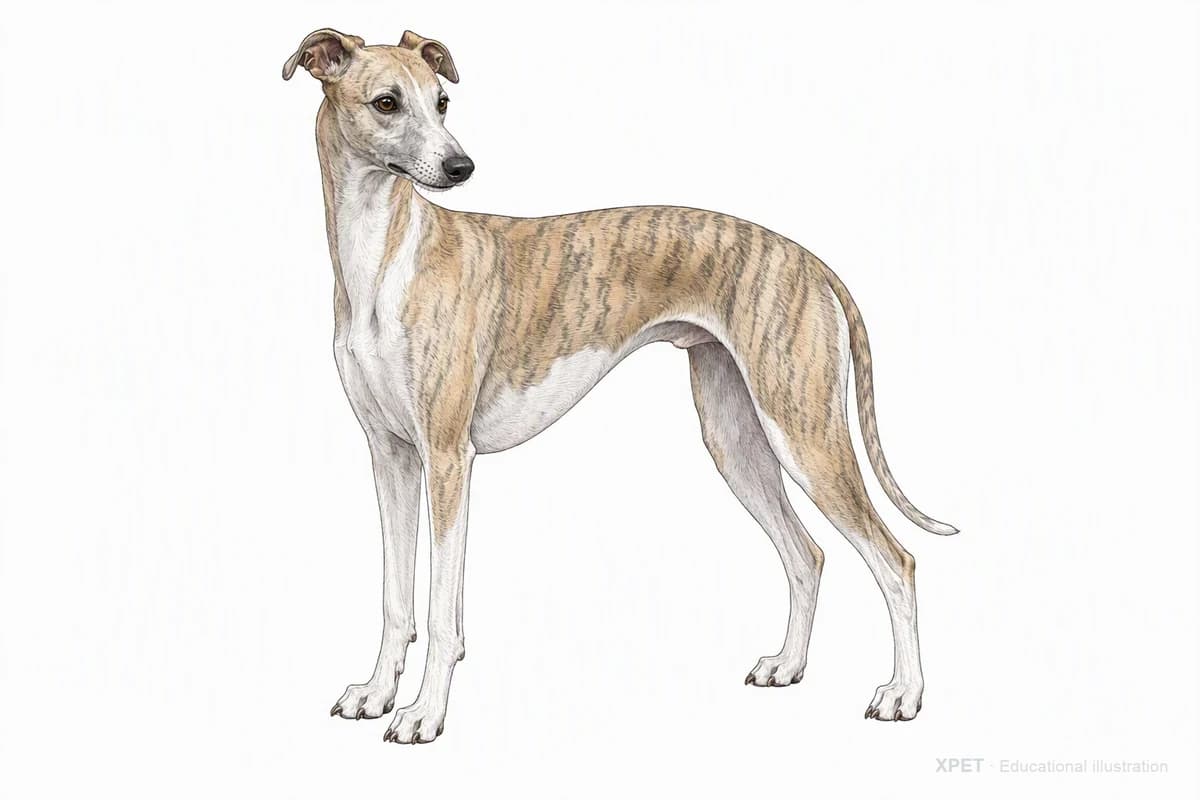Original XPET engraving and watercolor illustration of Whippet: a complete three-quarter standing view.