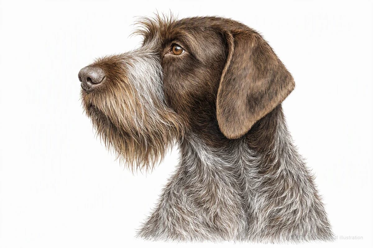 Original XPET engraving and watercolor illustration of Wirehaired Pointing Griffon: a head and coat detail study.