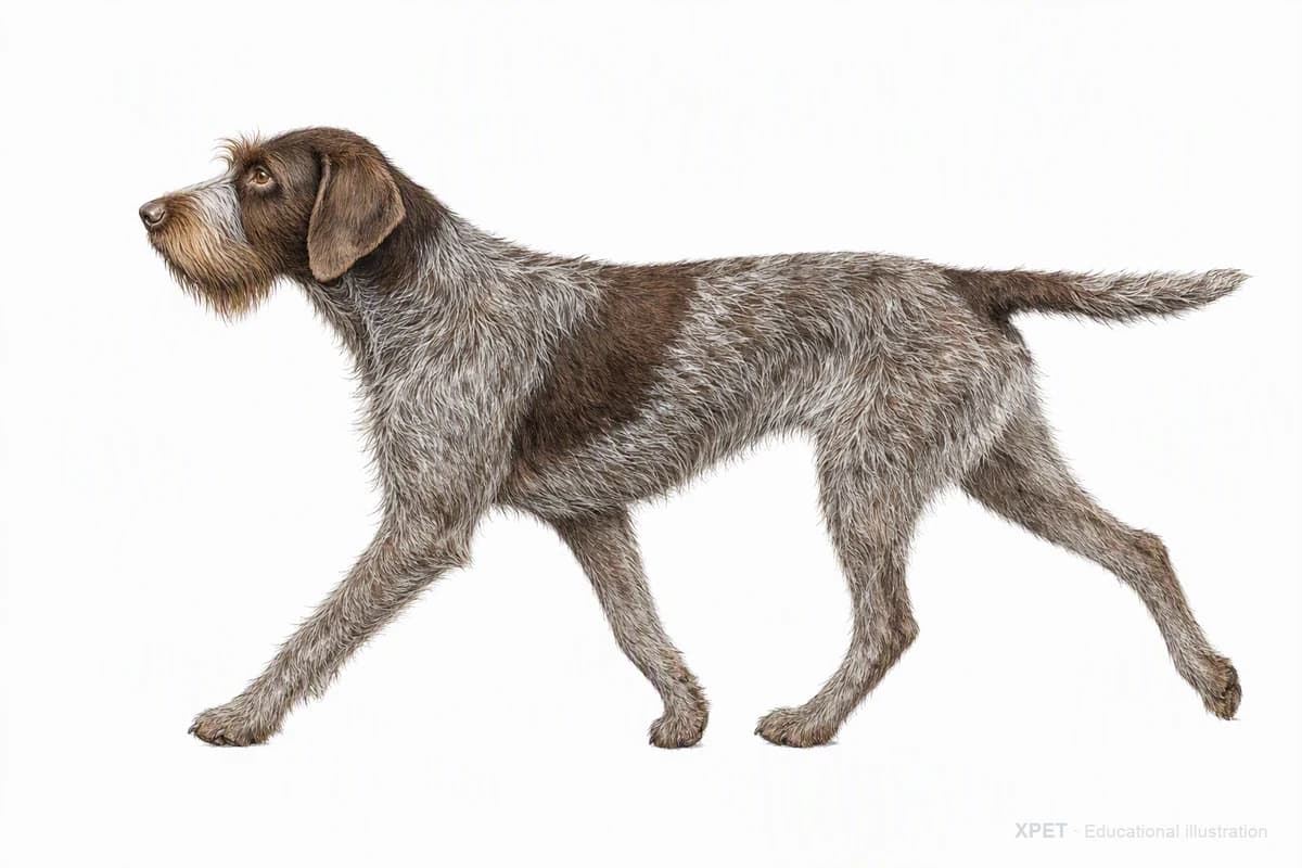 Original XPET engraving and watercolor illustration of Wirehaired Pointing Griffon: a natural movement study.