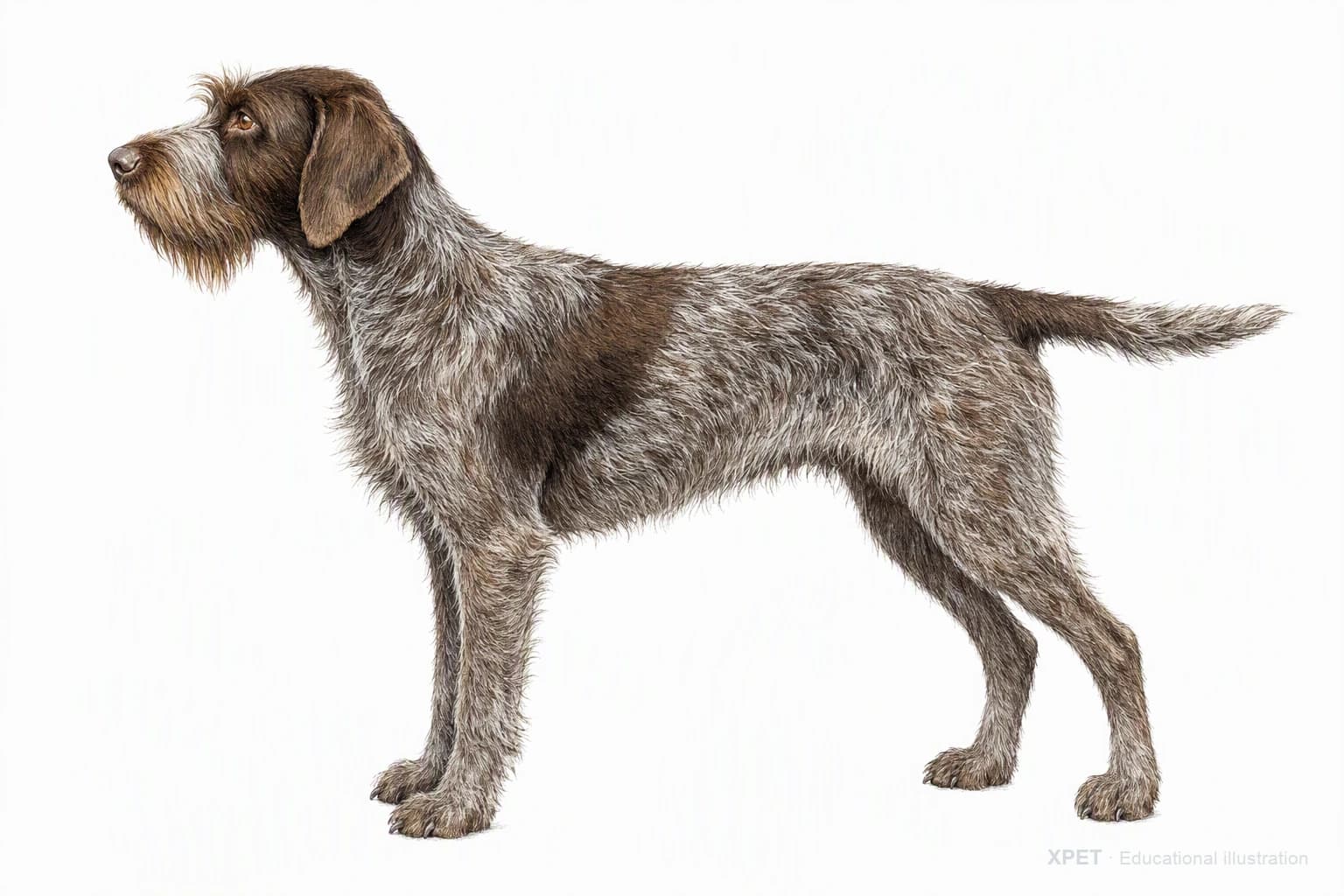Original XPET engraving and watercolor illustration of Wirehaired Pointing Griffon: an adult in left-facing profile.