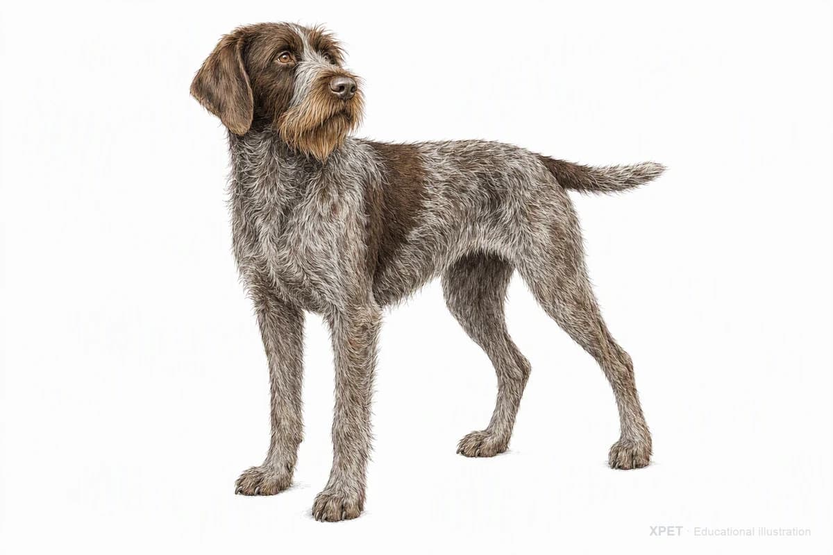 Original XPET engraving and watercolor illustration of Wirehaired Pointing Griffon: a complete three-quarter standing view.
