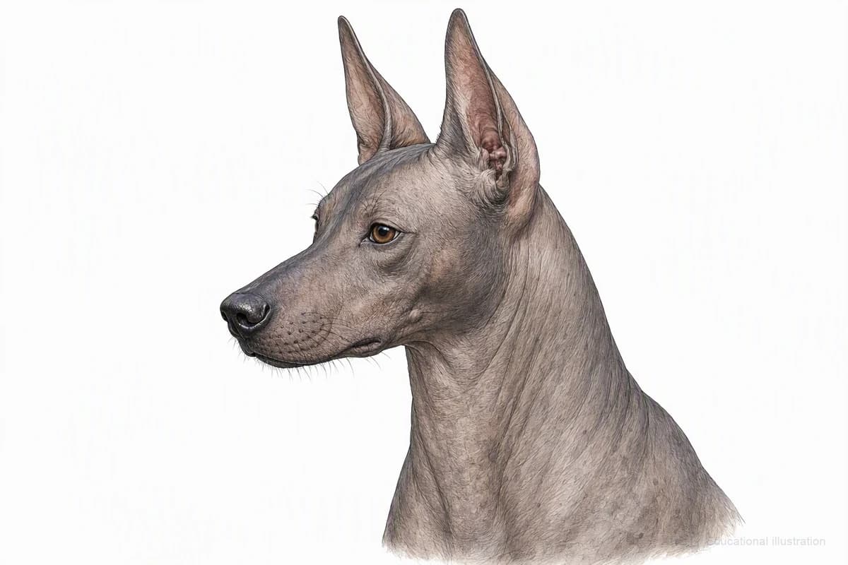 Original XPET engraving and watercolor illustration of Xoloitzcuintli: a head and coat detail study.