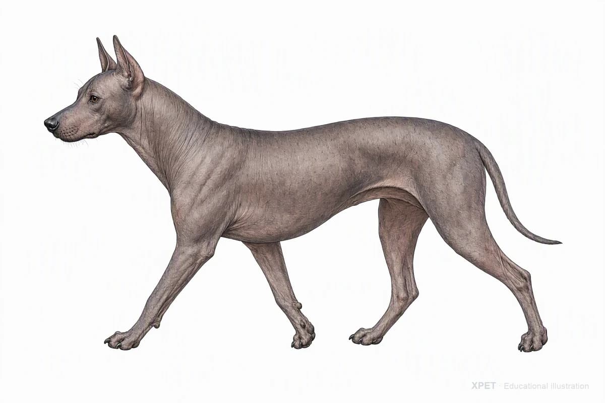 Original XPET engraving and watercolor illustration of Xoloitzcuintli: a natural movement study.