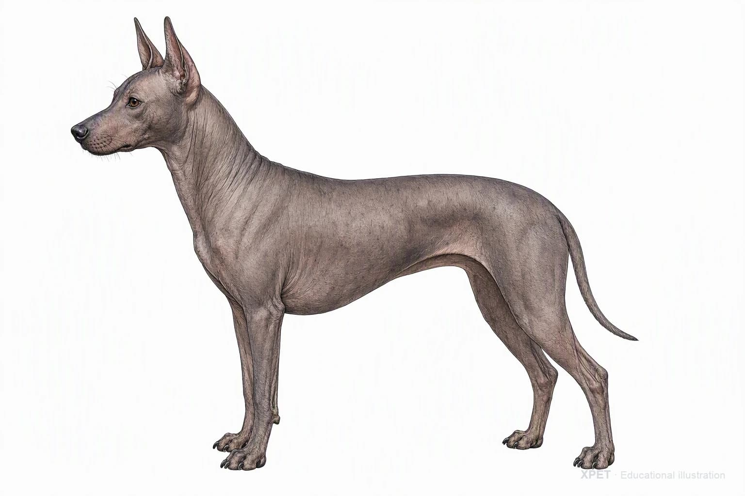 Original XPET engraving and watercolor illustration of Xoloitzcuintli: an adult in left-facing profile.