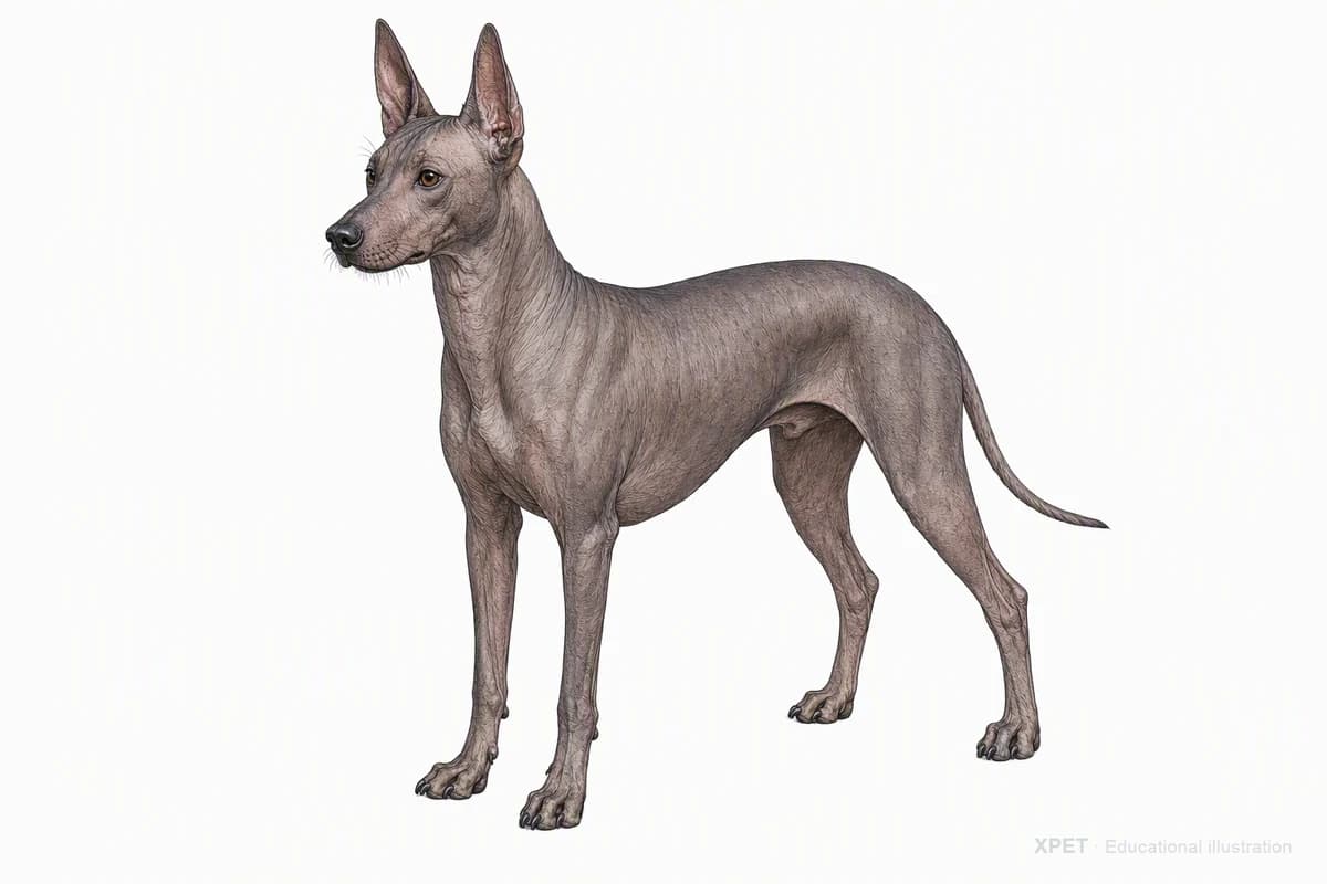 Original XPET engraving and watercolor illustration of Xoloitzcuintli: a complete three-quarter standing view.
