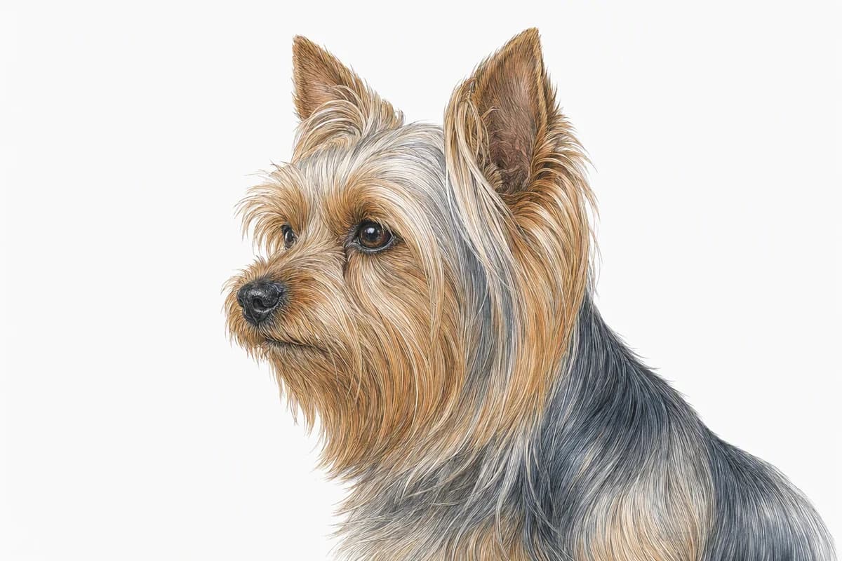 Original XPET engraving and watercolor illustration of Yorkshire Terrier: a head and coat detail study.