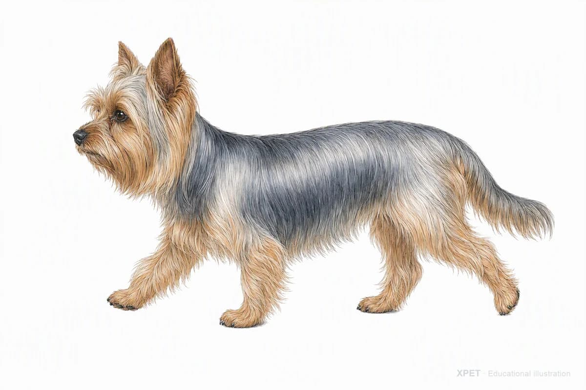 Original XPET engraving and watercolor illustration of Yorkshire Terrier: a natural movement study.