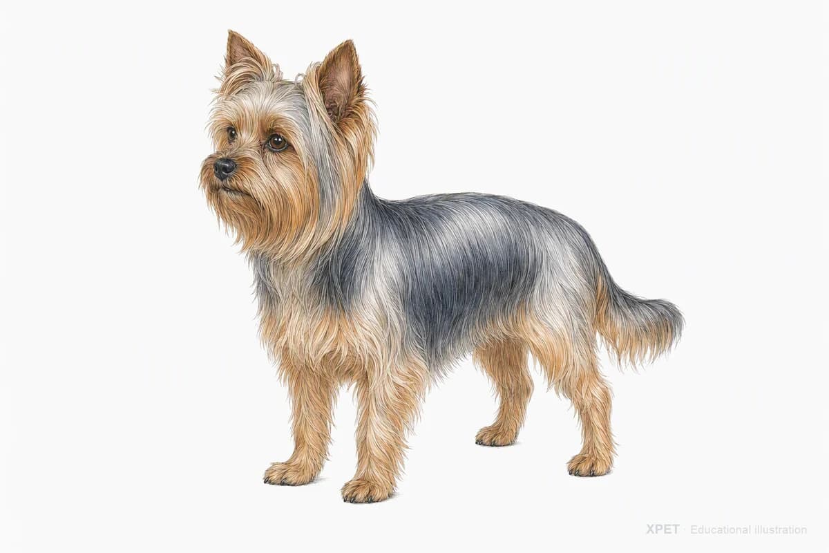 Original XPET engraving and watercolor illustration of Yorkshire Terrier: a complete three-quarter standing view.